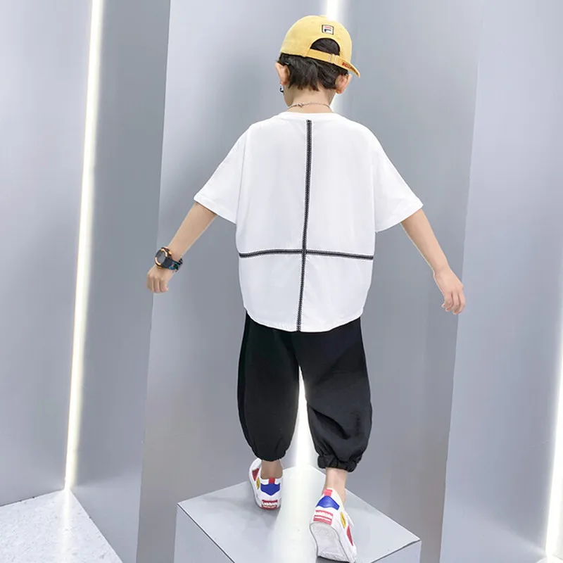 Children Casual Clothes Kids Black Bloomers Pant Set Boy Fashion Striped Sewing Design Short Sleeve Tops Suit Teen Loose T-Shirt