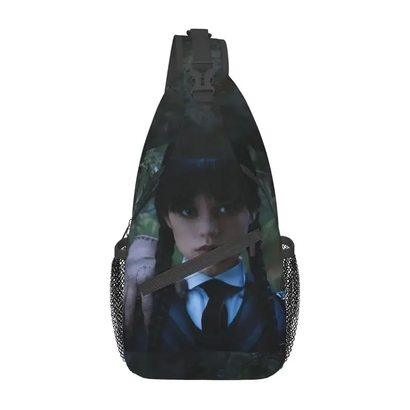 

Customized Wednesday Addams Sling Bags for Men Cool Comedy Horror TV Shoulder Crossbody Chest Backpack Cycling Camping Daypack