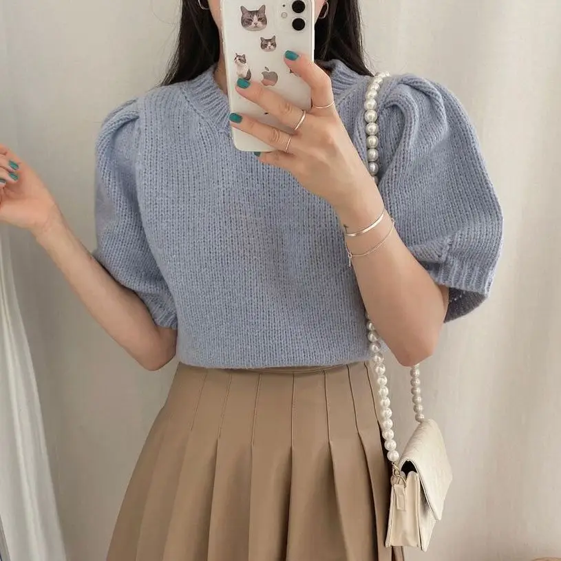 

HziriP Puff Sleeves Knitted Summer Women Pullovers Jumpers Hot 2022 Casual Work Wear Sweet Solid Tops Fashion Loose Sweaters