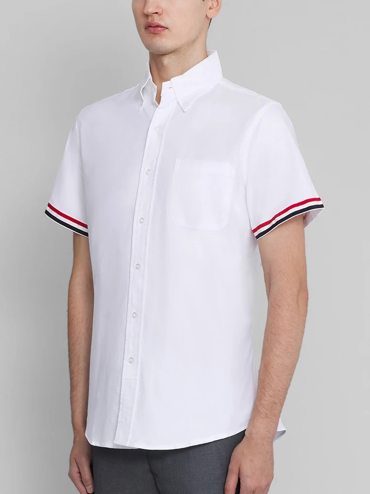 TB THOM Men's Shirt White Fashion Top Brand Striped Cuffs Casual Oxford Fine Cotton Short Sleeve High Quality Summer Cool Shirts