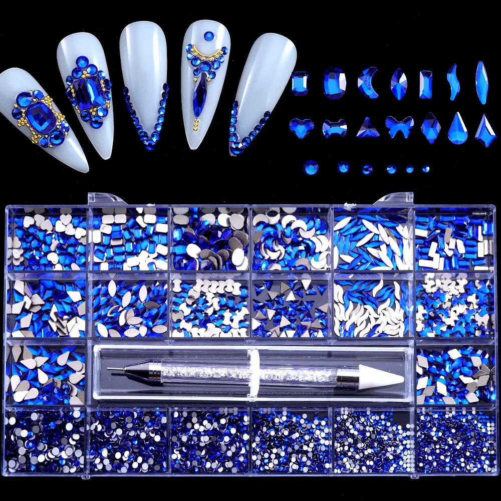 

Hot New Manicure Jewelry Boxed 21 Grid Mixed Glass Fancy Shape Rhinestone Combination Manicure Set Bottoming Drill