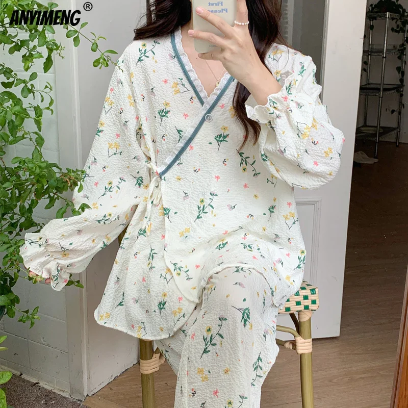 

Bubble Crepe Cotton Pijamas Fresh Style Kimono Pajama for Women Mujer Loungewear Spring Autumn Long Sleeves Full Pants Sleepwear
