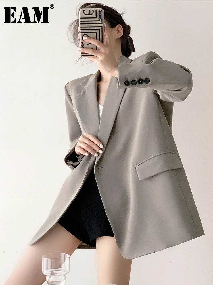 [EAM]  Women Gray Big Size Long Casual Blazer New Lapel Long Sleeve Loose Fit Jacket Fashion Tide Spring Autumn 2023 1DF0820
