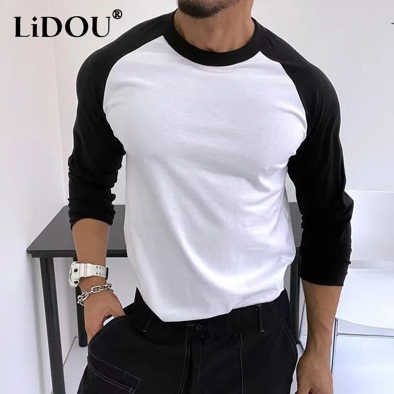 

Spring Autumn Sports Chic Korean Fashion Male Pullover Patchwork Casual Loose Long Sleeve T-shirt Round Neck All Match Top Men
