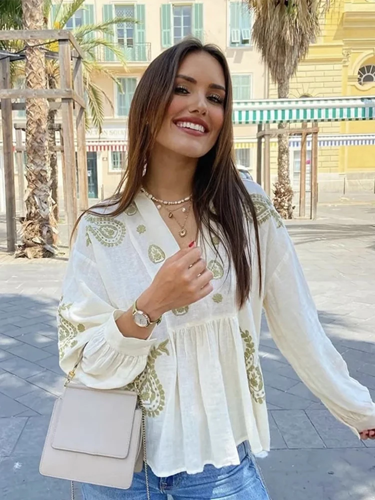 Рубашка женская из хлопка и льна с вышивкой свободная блузка V-образным вырезом