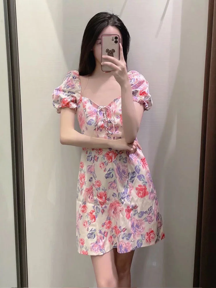 

Zach AiIsa spring new fresh and age-reducing sweet temperament all-match retro print pastoral vacation style slim dress