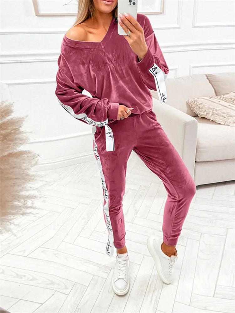 

2022 New Two Piece Sets Women Letter Tape Patch Long Sleeve Top & Pants Set Outifits Fashion Tracksuits Casual Elegant Female Ou