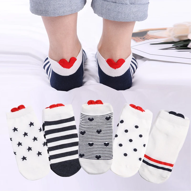 5 Pairs of Cotton Women's Casual Boat Socks Cartoon Harajuku Cat Cute Love Invisible Funny Sock Set Breathable Student New Loli
