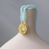 brass natural blue crystal coins necklace women jewelry punk designer runway rare simply gown boho japan korean