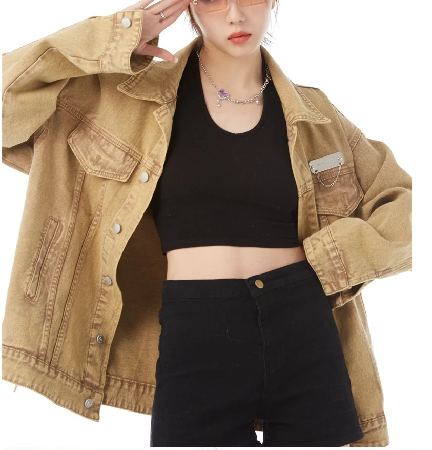 

Women Denim Jacket Loose Turn Down Collar Femme Casual Brown Denim Colthes Autumn All-Match Outwear Coats