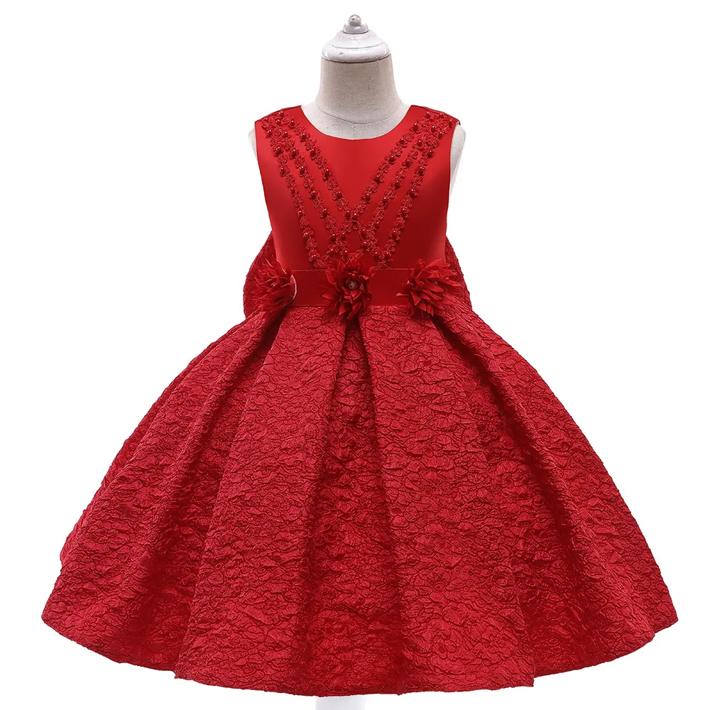 

Red Elegant Flower Girls Bridesmaid Dresses Pageant Party Dress For Kids Girl Princess Prom Gown Beading Children Summer Clothes