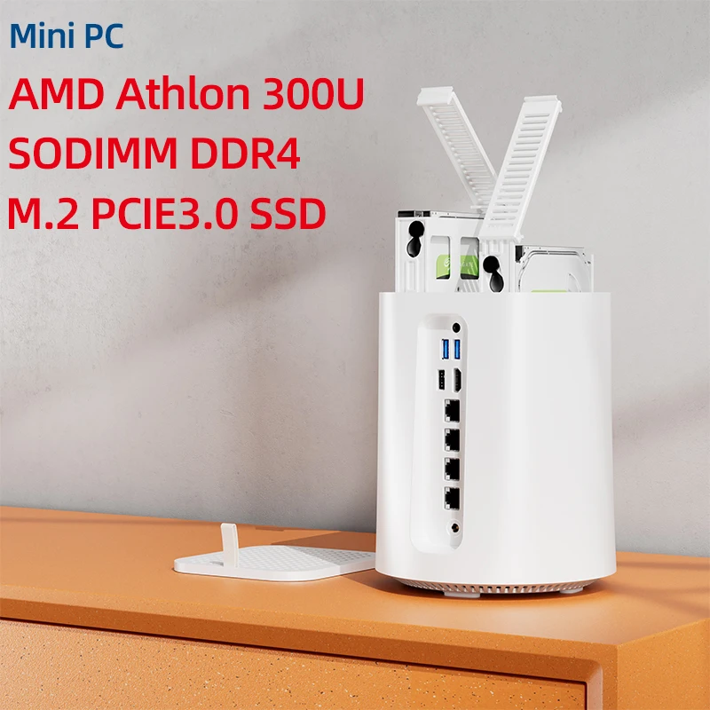 

Mini PC Software Router NAS AMD Athlon 300U CPU DDR4 M.2 NVMe PCIe3.0 SSD 4x GbE LAN Windows 11 Linux 2x SATA HDD Expandable