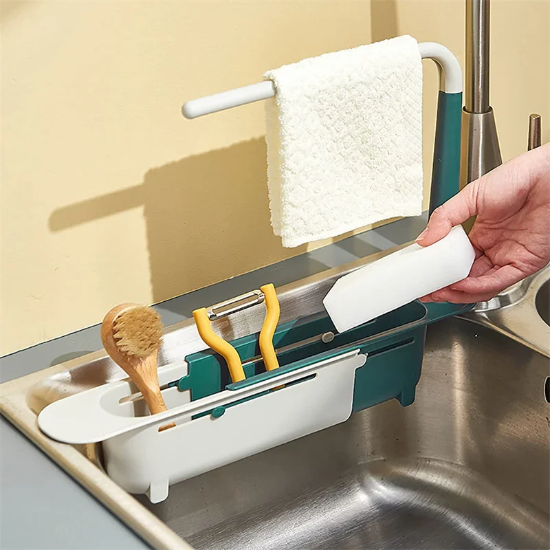 

Sink Shelf Telescopic Sink Drain Rack Soap Sponge Holder Organizer Cloth Hanger Expandable Storage Basket Kitchen Accessories