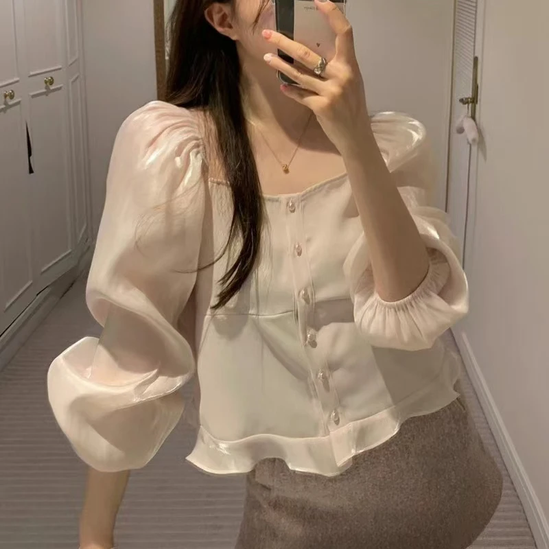 Корейская модная женская блузка с квадратным воротником и пуговицами