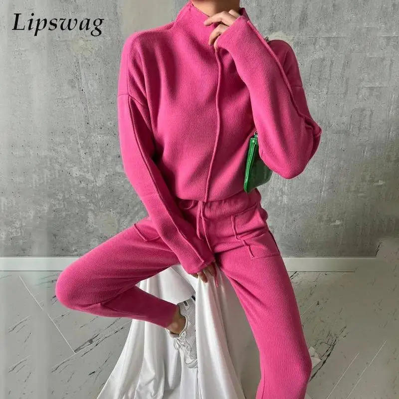 

Elegant Sweater Two Piece Outfits Casual Long Sleeve Turtleneck Pullover Tops And Lace-Up Pants Suit Fashion Knitted Women Sets