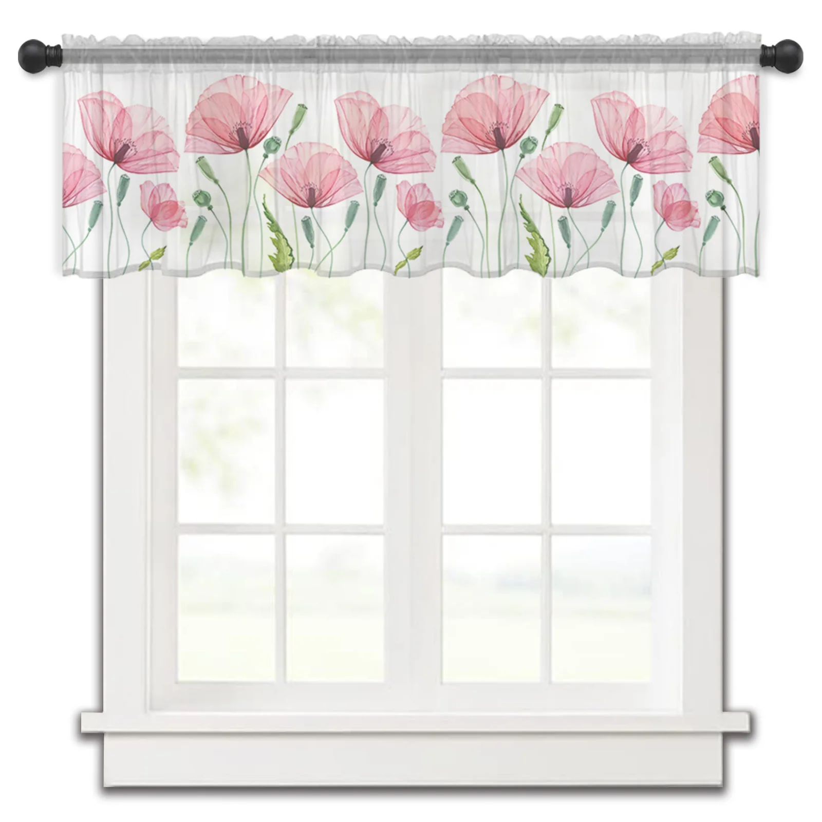 

Poppy Flower Plant Tulle Kitchen Small Window Curtain Valance Sheer Short Curtain Bedroom Living Room Home Decor Voile Drapes