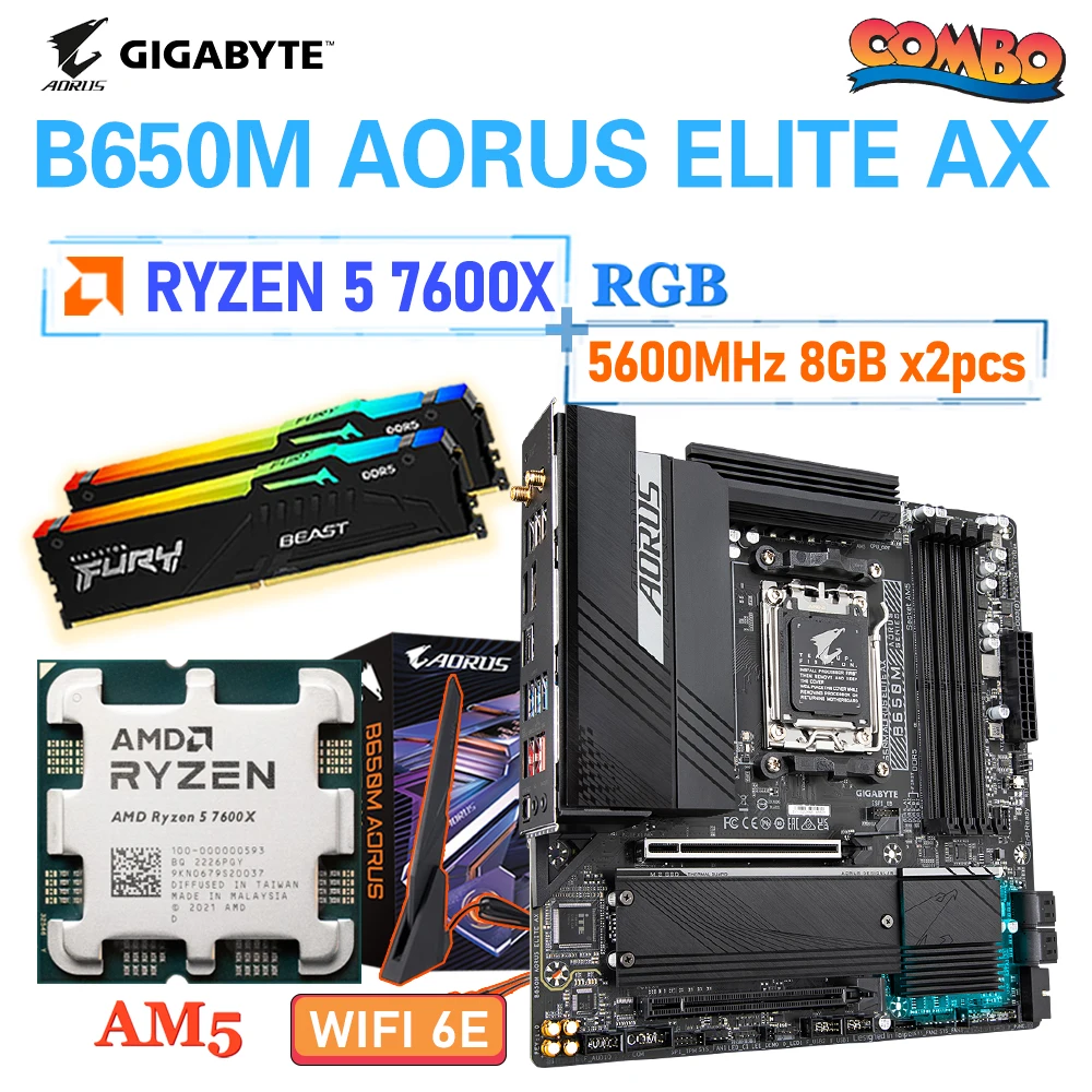 

Комплект материнской платы Gigabyte B650 RYZEN R5 7600X CPU, материнская плата Ram Combo DDR5 5600 МГц 16 Гб памяти RGB B650M AORUS ELITE AX PCIe 5