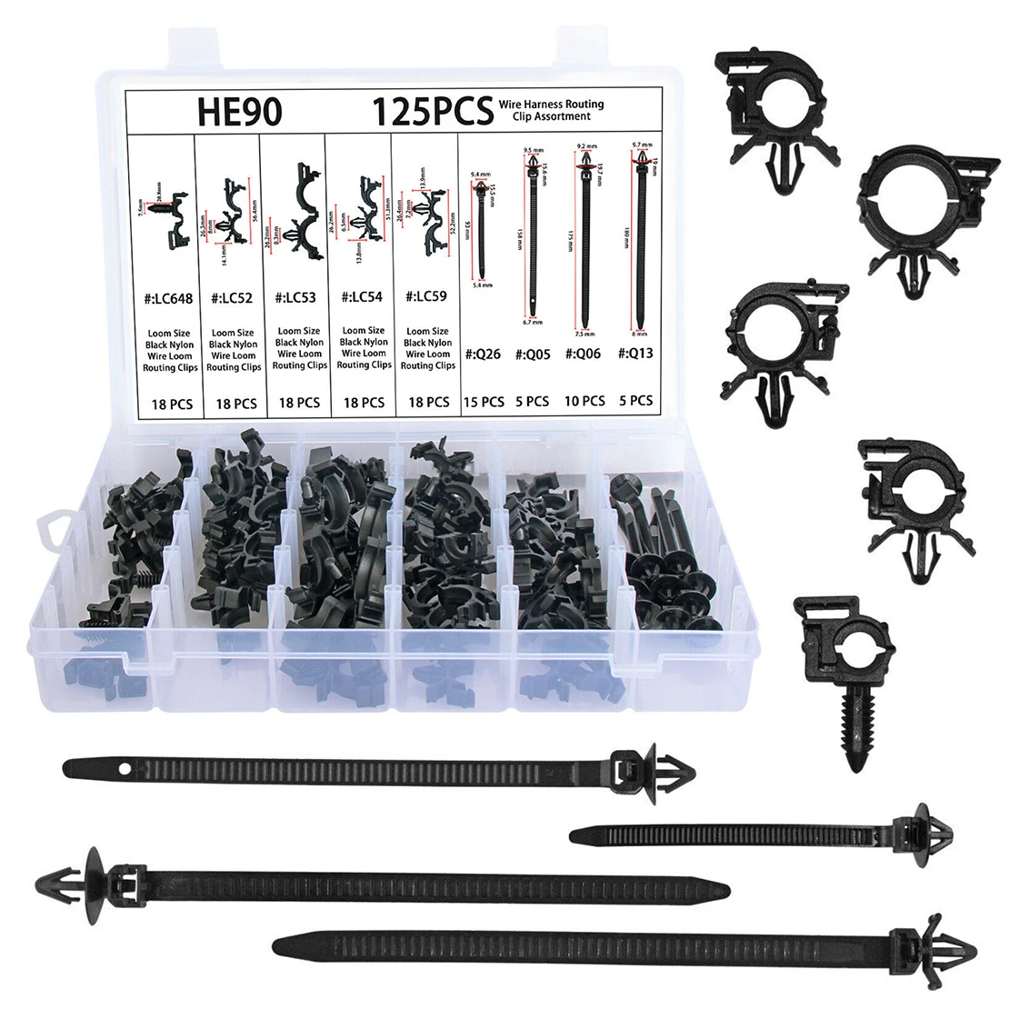 

125pcs/Set Black Nylon Car Wire Harness Routing Clip Retainer Cable Tie Assortment Fit For GM Honda Mazda 90672-SA0-0030 8911497