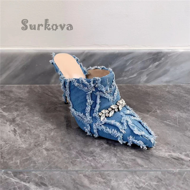 Denim Pointed Toe Crystal Pumps Sexy Fashion Thin Heel Pleated Trimmings Women's Sandals Elegant Concise High Heels Dress Shoes