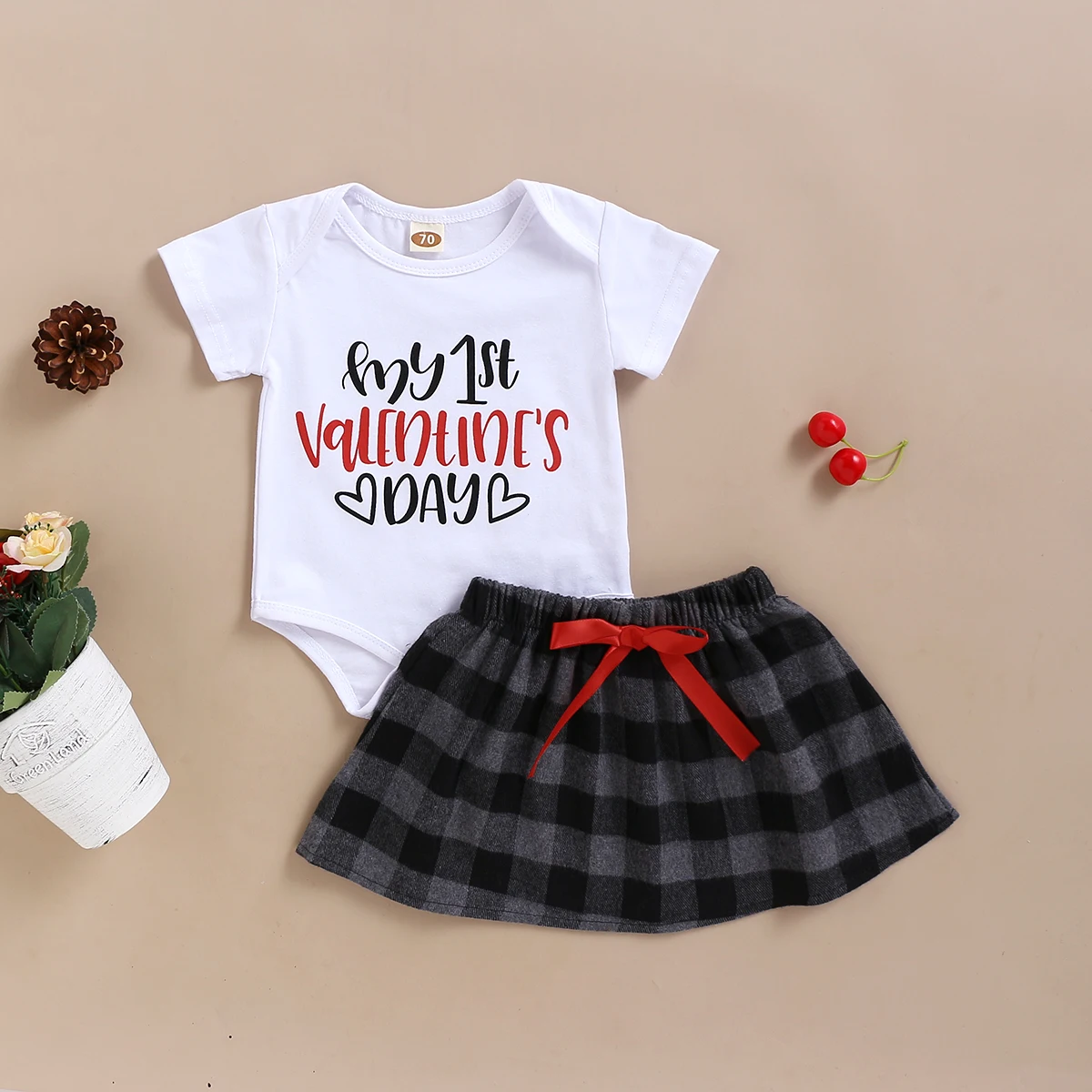 

Baby Girl's Summer Outfit Sets White Short Sleeve Letter Print Romper + Plaid Skirt with Bowknot Waistband