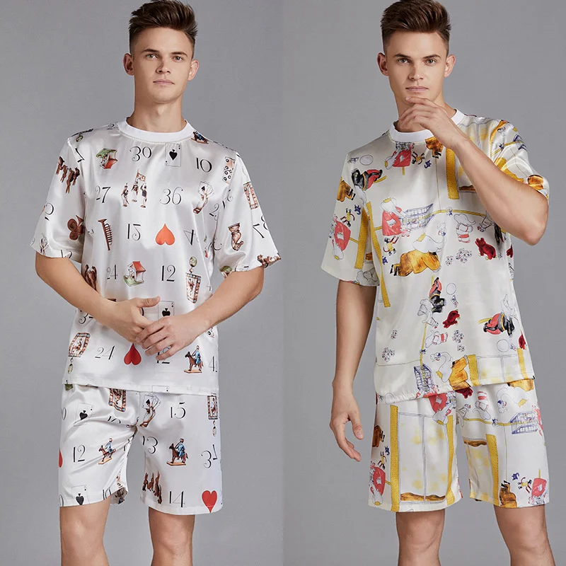 

Summer Men Pyjama Set Print Satin Men Pajama Suit Sort Sleeve Sorts Silk Pajama Man Sleepwear Sprin Pajama Male Nitown XXL