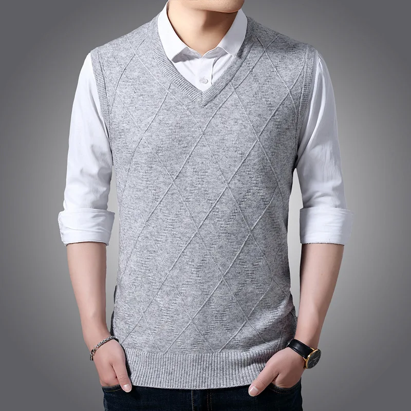 

Vest New Jacquard V-neck Sweater Clothes Business Knitted Brand 2023 Sleeveless Men's Male Casual Autumn Wool Vest