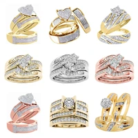 3pcsset romantic elegant heart shaped gold ring set for womens zircon charm ring set engagement wedding ring glamour jewelry