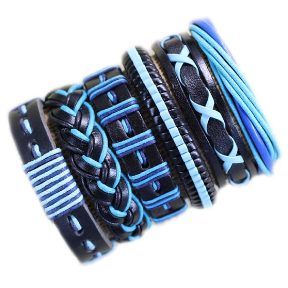 

Blue Bracelets 6pcs/set Wrap Woven Fashion Handmade Men Bracelets Women Leather Bracelet Men Bangle Wholesale Jewelry Gift S69