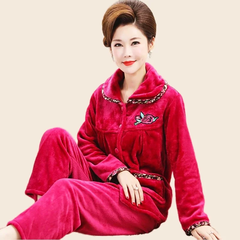 Mom's Pajamas Set Full Sleeve Tops Long Pants 2Piece/Set Winter Sexy Flower Print Pyjama Big Size Homewear Cozy Fashion Pjs