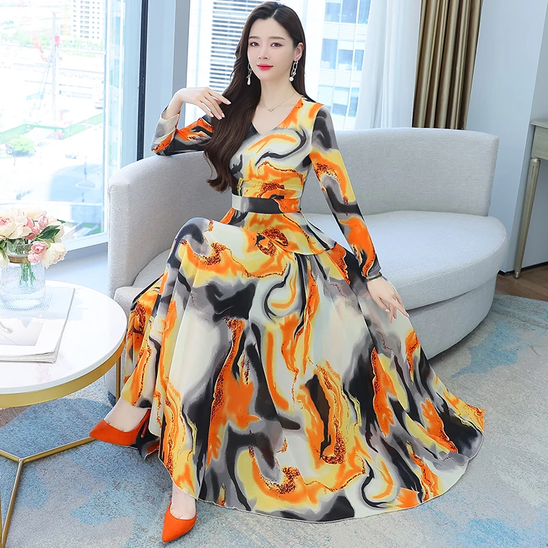 

Летнее желтое шифоновое пляжное свободное платье с принтом в стиле бохо, женские элегантные облегающие Макси-платья 2023, платье с длинным рукавом для выпускного вечера