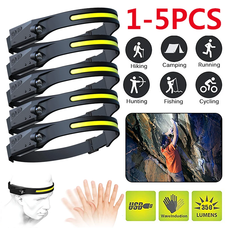 

COB LED Headlamp Sensor Headlight with Built-in Battery Flashlight 350 LM Waterproof USB Rechargeable Head Lamp Torch Work Light