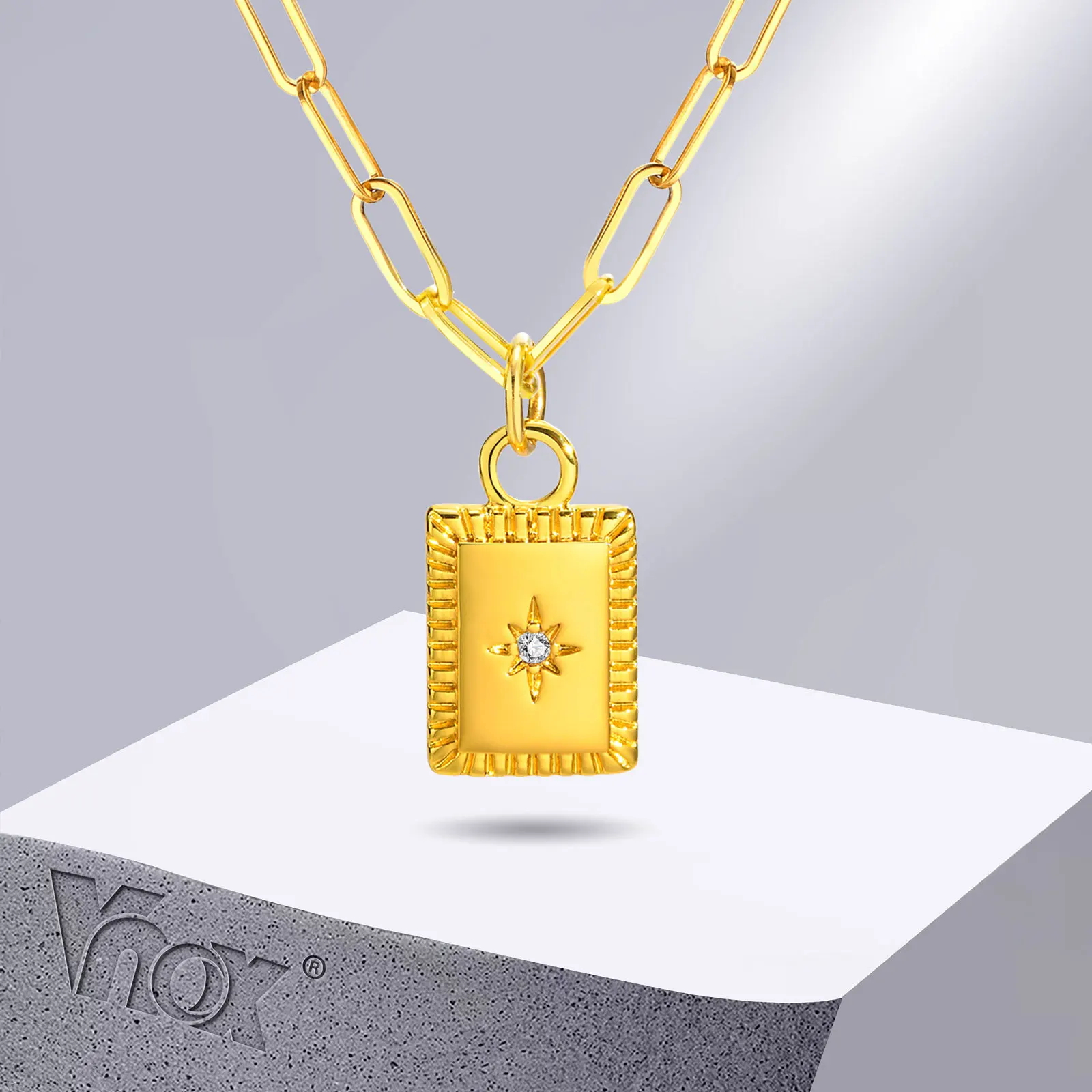 

Vnox Women Necklaces,Geometric Square Rectangle Pendant with Eight-point Star,Stainless Steel Rectangle Paperclip Chain Necklace