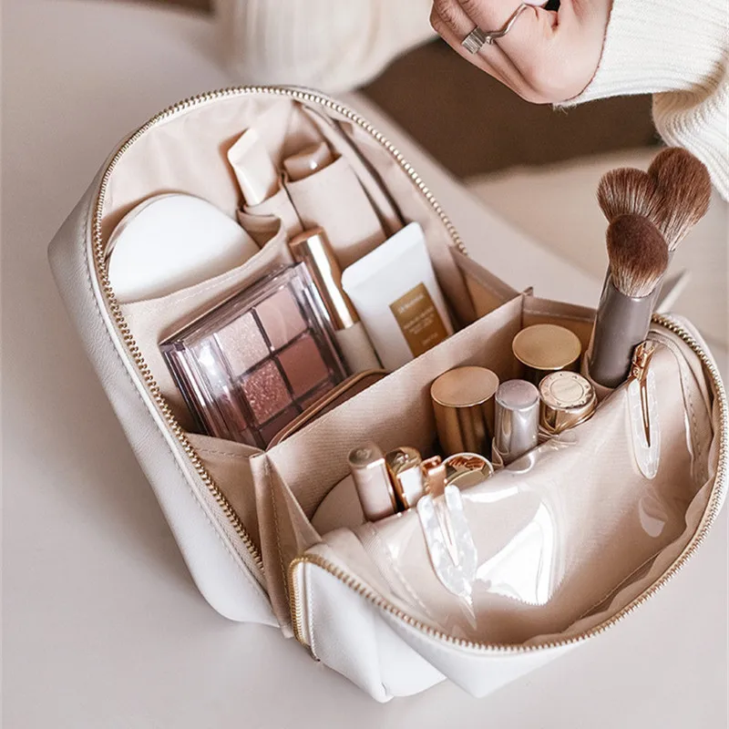 

Elegant Portable Puffer Cosmetic Bag for Women with Compartments Large Capacity Travel Makeup Bag for Purse (Beige Pink)