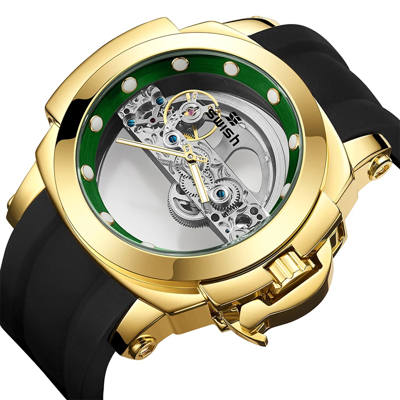 

Luxury Turbillion Automatic Mechanical Men Watch Luminous Waterproof Gold Transparent Hollow Skeleton Man Clock Male Wristwatch