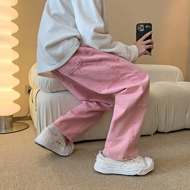 Brand Clothing Pink Jeans Men's High Street Loose Straight Wide Leg Pants Fashion Men Hip-hop Streetwear Pantalon Homme  Casual
