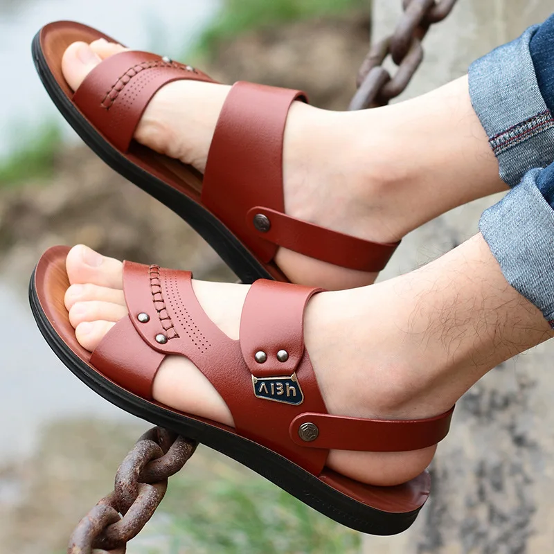 Summer Men Slippers Outdoor Street Beach Sandals Comfortable Leather Casual Slides Flip Flops Hiking Sandals Men Zapatos