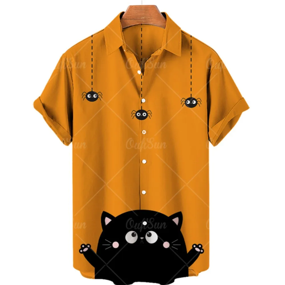 Men's Hawaiian Style Shirt, Animal 3D Printed Top, Summer Lapel, Short Sleeved Cute Cat Pattern, Retro Homestay, Extra Large Cas