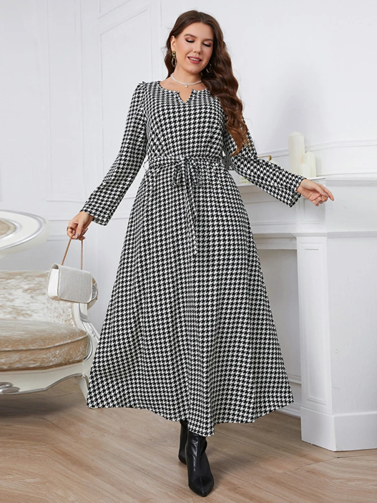 

Plus Size Women O-Neck Black White Houndstooth Waist Long Sleeve Pullover Dress Autumn Casual Fashion Elegant Party Maxi Dresses