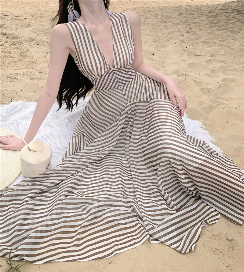 

Женское богемное пляжное платье макси, Элегантное летнее сексуальное шифоновое платье без рукавов с глубоким V-образным вырезом и высокой талией