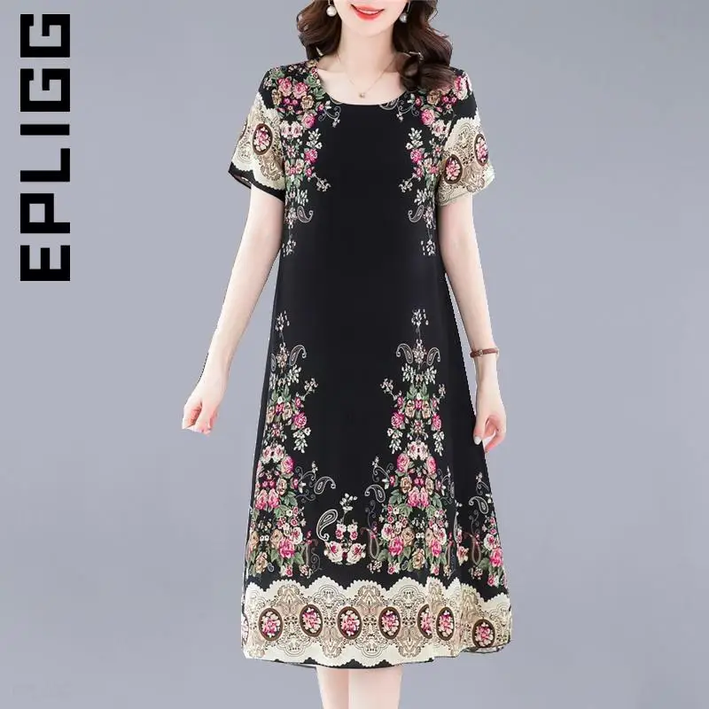 

Epligg Women New Dress Soft Dresses Short Sleeve Dress Casual O-neck Dresses Vintage All-Match Clothing Vestidos Female