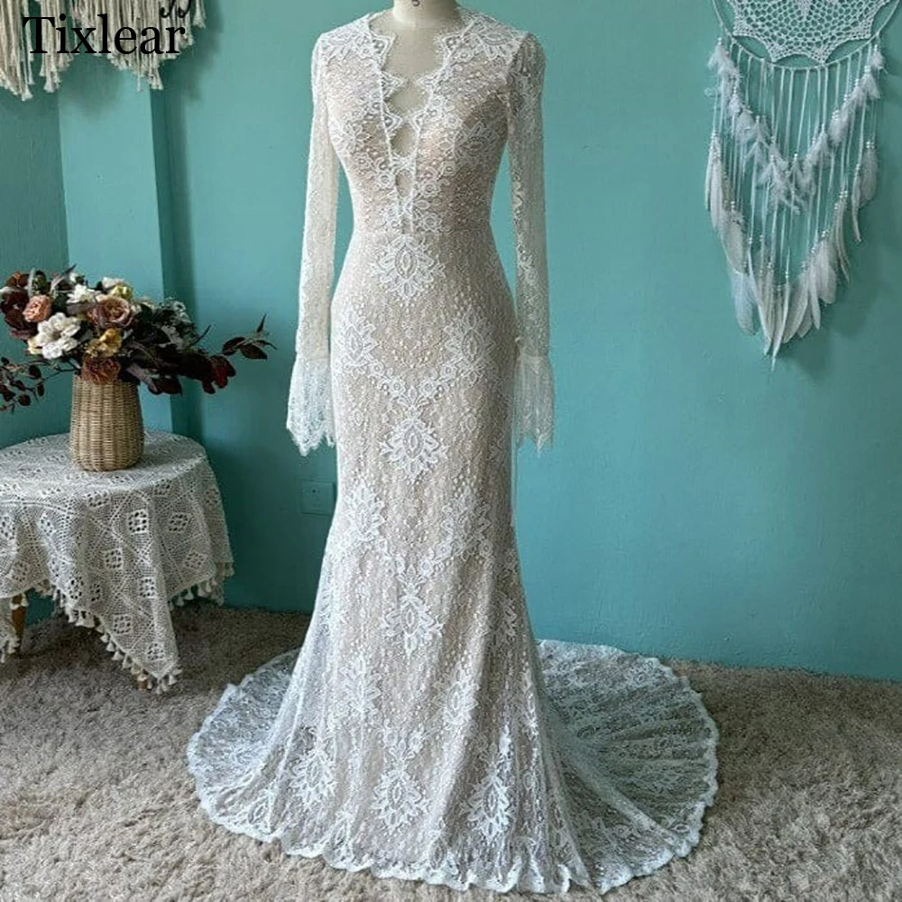 

TIXLEAR Charming Wedding Dresses For Woman 2023 A-line V-Neck Lace Appliques Court Train Long Sleeves Custom Made robe de mariée