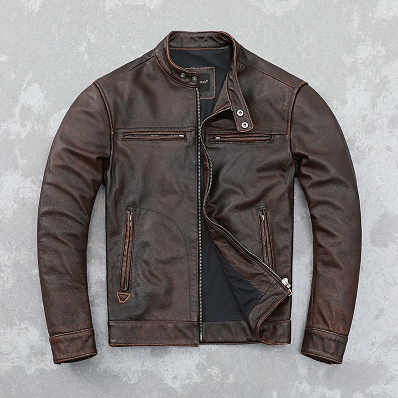 

Retro Distressed Cowhide Leather Jacket Men's Real Leather Jacket Motorcycle Jacket Youth Slim Fit Unlined Coat Fashion