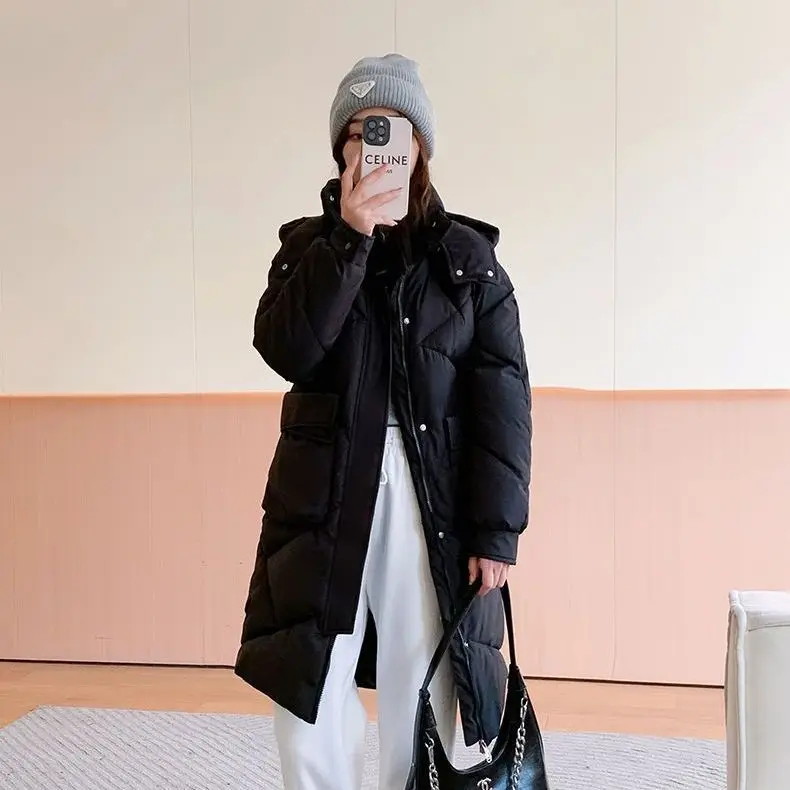 Loose Hooded Thicken Warm Mid Length Parkas Winter Cotton Padded Feminina Korean Long Sleeve Pockets Women Coats 2023 New S92