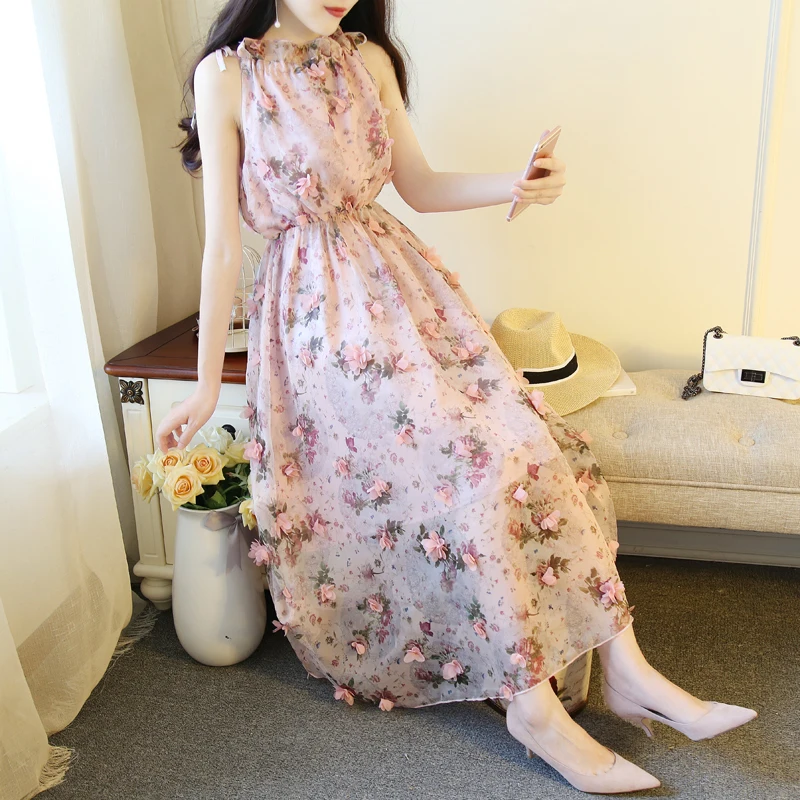 

2022 Summer Women's New Three-dimensional Flower Suspenders Floral Long Sleeveless Chiffon Print Dress