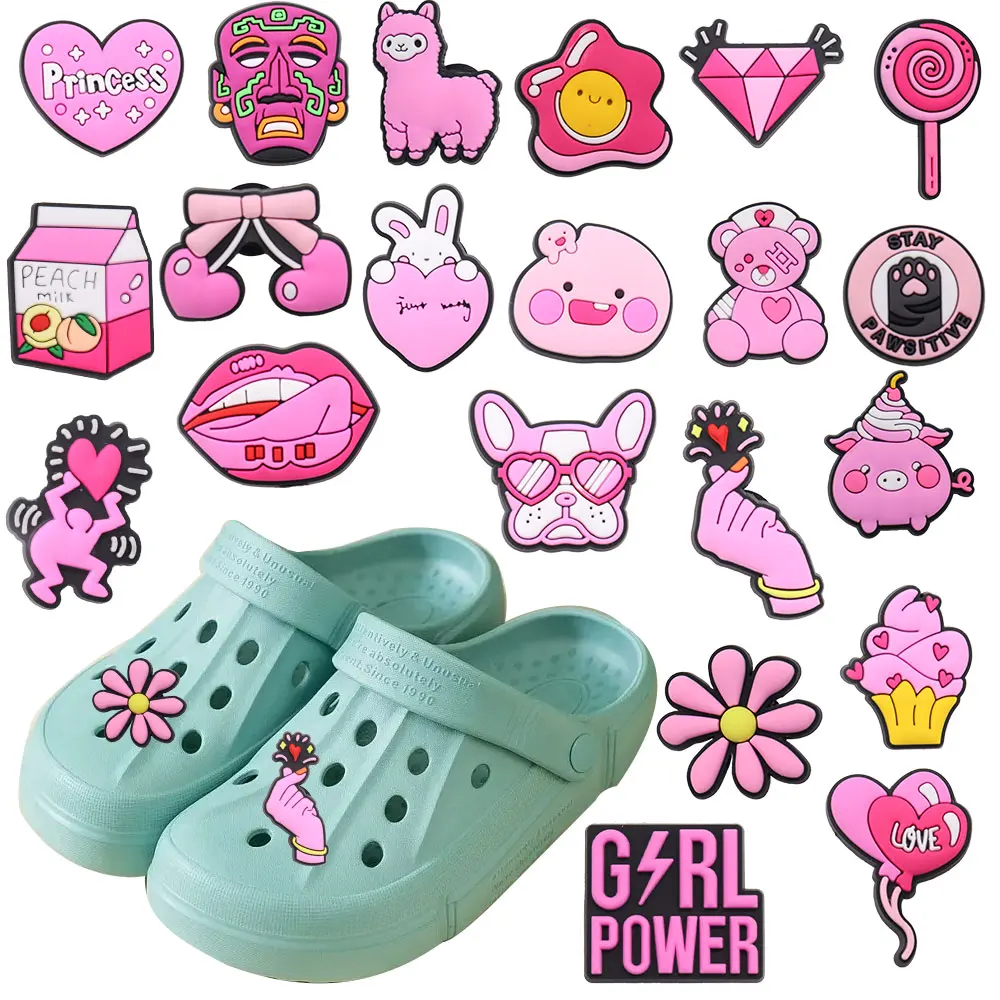 

New Arrival 1-21pcs PVC Shoe Charms Pink Alpaca Bear Dog Ice Cream Heart Accessories Shoe Buckles Fit Croc Jibz Kids X-mas Gift