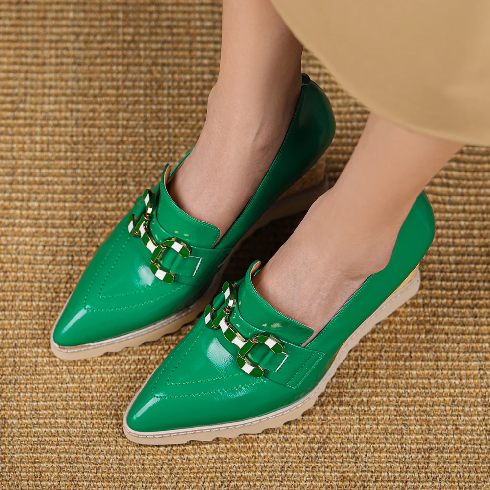2022 New Fashion Women Leather Slip On Pumps Ladies Pointed Toe Patform Shoes Girls Wedges Shoes High Heel Loafers Black Green