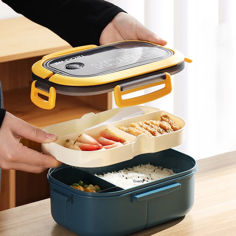 

2 Layers Lunch Box Grids Student Office Worker Microwave Hermetic Bento Box Outdoor Picnic Fruit Food Container with Fork Spoon
