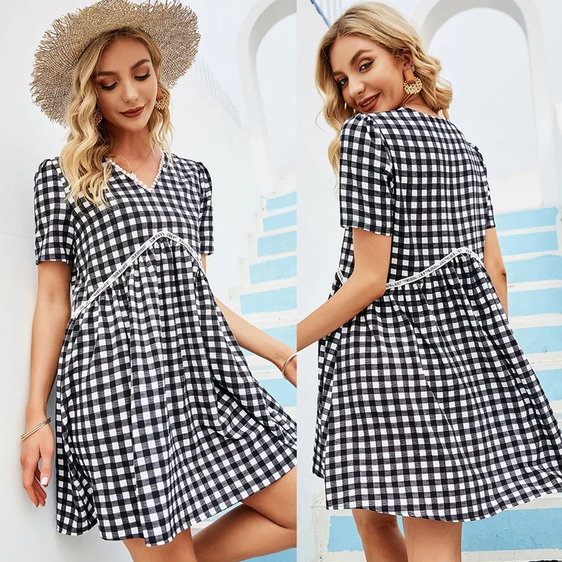 

Women's Plaid V-Neck A-Line Black And White Plaid Dress Black