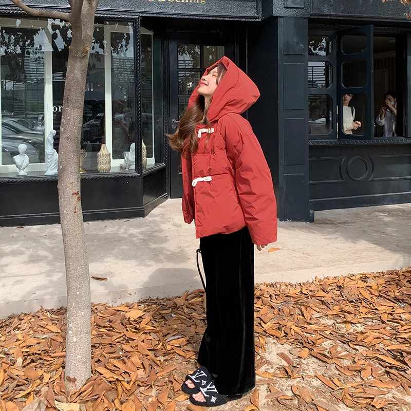 Autumn and Winter Hooded Down Jacket Women's Thin Solid Colour Thickened Cotton Clothing White Duck Down Short Section Jacket