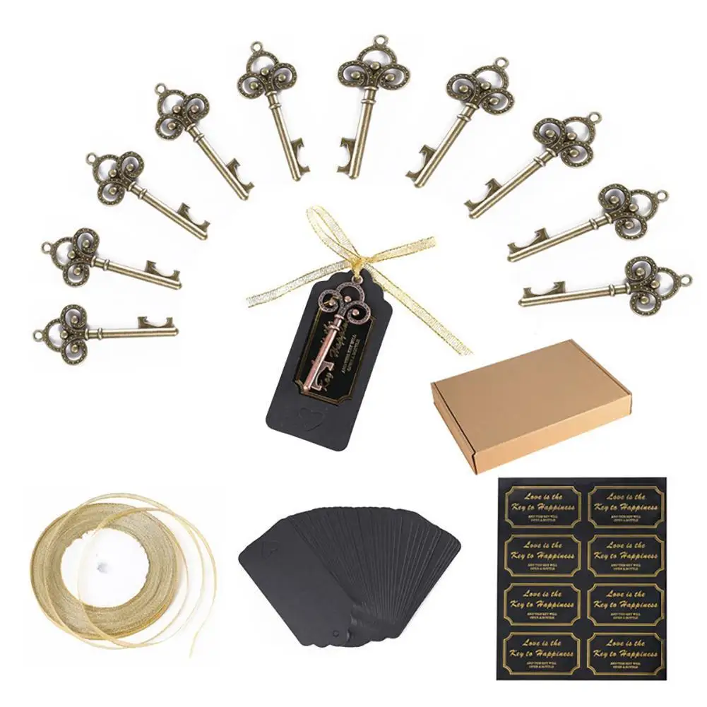 

New 50pcs Vintage Key Bottle Opener Pendant With Escort Card Tags Ribbon Party For Wedding Patty Decoration